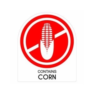 Aanbod stickers voor restaurant - Impressie van een allergenen sticker: Contains corn