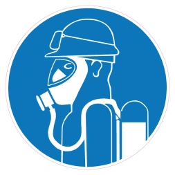 Zware ademhalingsbescherming met speciale bril tegen zuren verplicht sticker